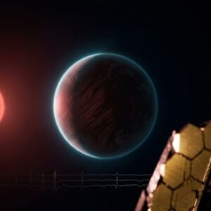 Artistic depiction of exoplanet K2-18b with James Webb Space Telescope detecting a biosignature candidate in its atmosphere